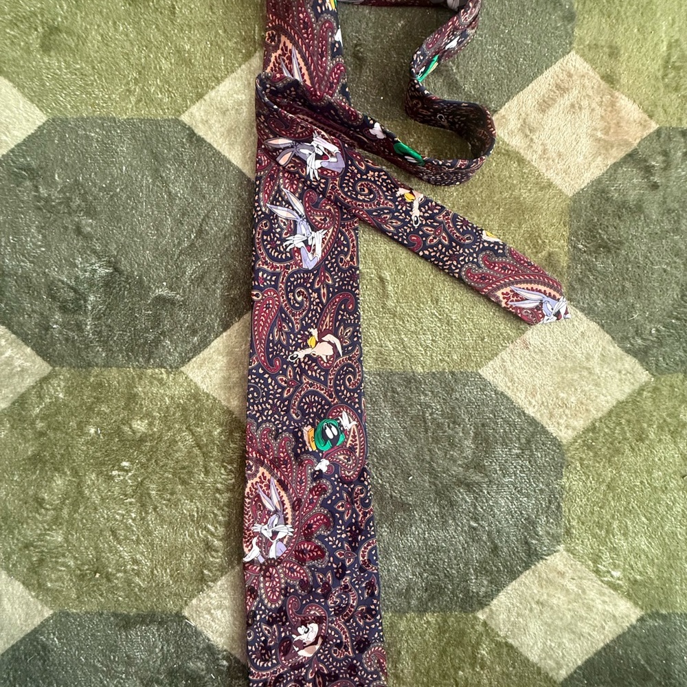Vintage Looney Tune’s Mania 1994 100% Silk Paisley Pattern Burgundy Tie